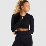 Women's Gym Shark Seamless Crop Top Thumbholes Fitness T-Shirt  Long Sleeve Layer Crew Neck Power Stretch Gym Shirts